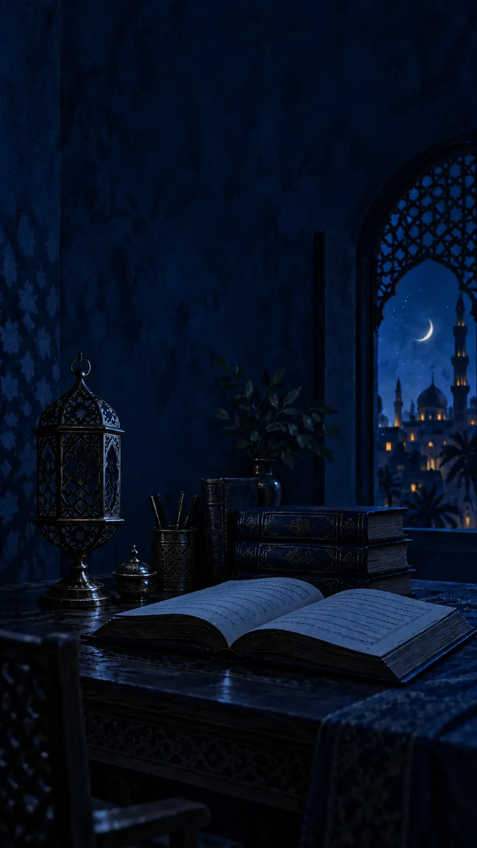 مكتب خشبي في غرفة مظلمة ليلًا، فوقه كتاب مفتوح ومصباح مغربي من النحاس، ونافذة مقوّسة تطلّ على مسجد تحت الهلال