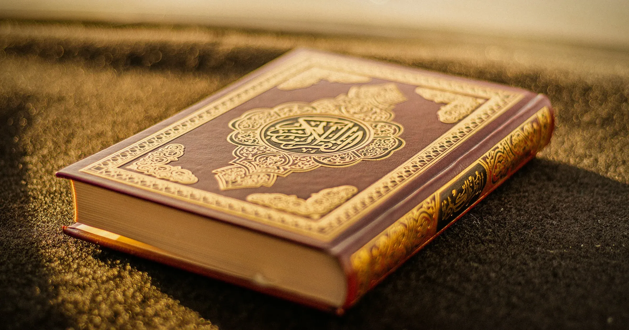 مصحفٌ بغلافٍ جلديٍّ مُذهَّبٍ موضوعٌ تحت ضوء الشمس، رمزاً لشهادة القرآن للسُّنّة