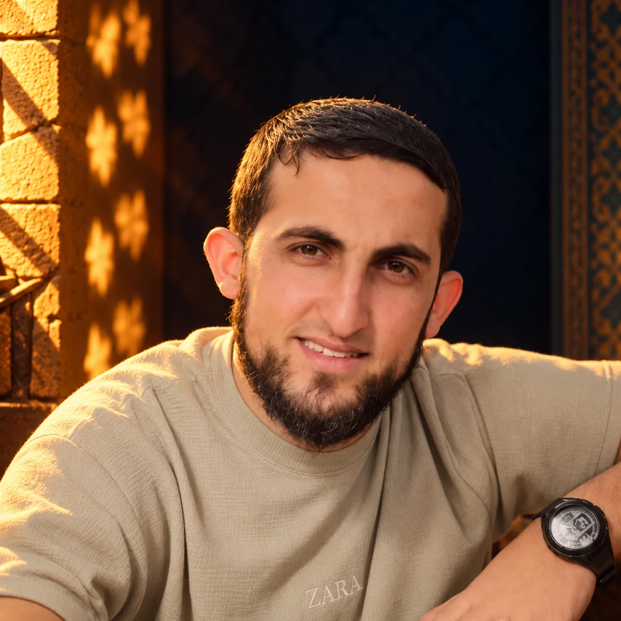 صورة محمد زكي حمد مبتسمًا، بقميصٍ فاتح وساعةٍ في معصمه